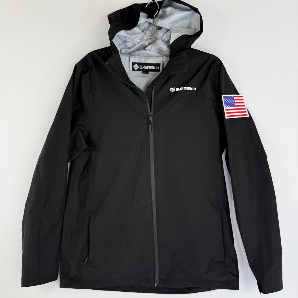 Baerskin Rain Jacket Mens Size S Black Tactical Hooded USA Flag Patch 3500101
